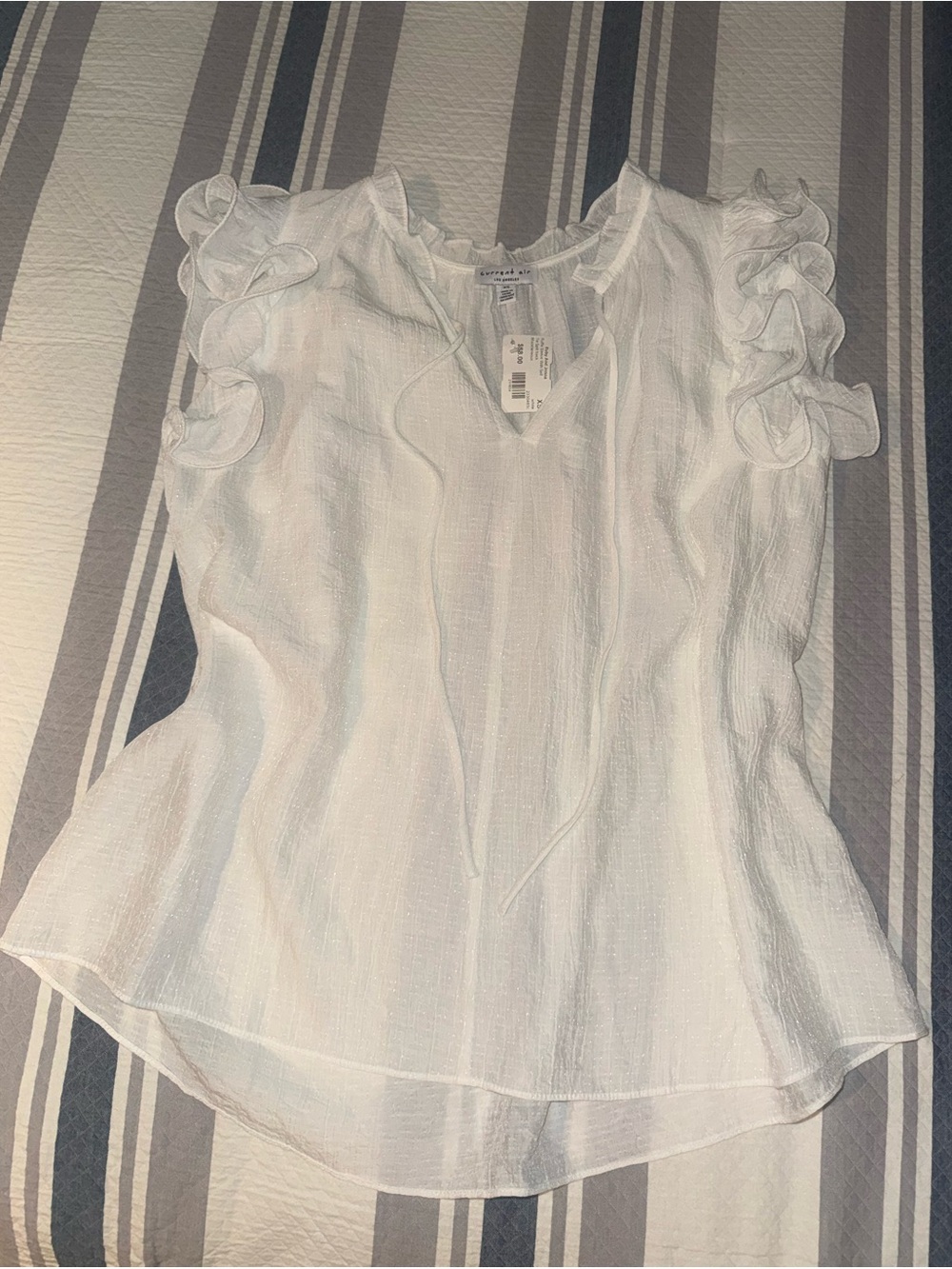 Current Air Los Angeles - White Ruffle Sleeve With Self Tie Split Neck